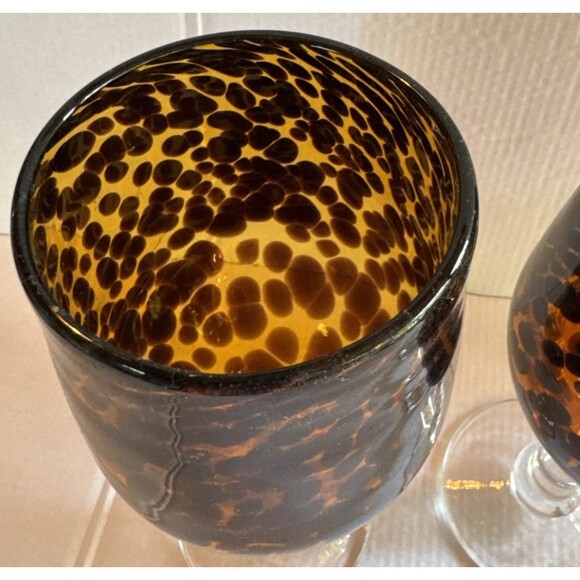 Tortoise Shell Water/Wine Glasses Hand Blown Set of 3 Amber Leopard Heavy 8.75” - Picture 2 of 5